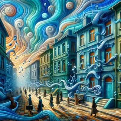 The primary subject of the image is a painting of a city street with people walking down the sidewalk. The setting is a city street with buildings and a sky background. The visual style is a painting, and the colors and mood are vibrant and lively.